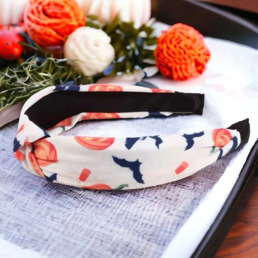 Brand New Halloween Topknot Headband - Pumpkins & Bats